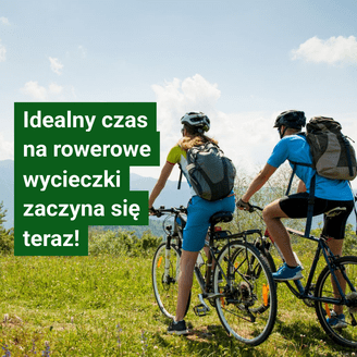Ludzie jadący na rowerach Napis: Sezon rowerowy zaczyna się teraz!